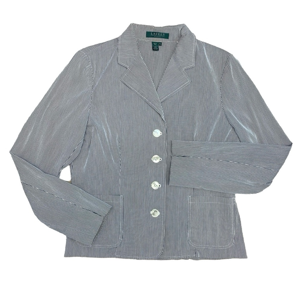 Lauren Ralph Lauren Seersucker Striped Blazer Petite Ribbed Nautical Career